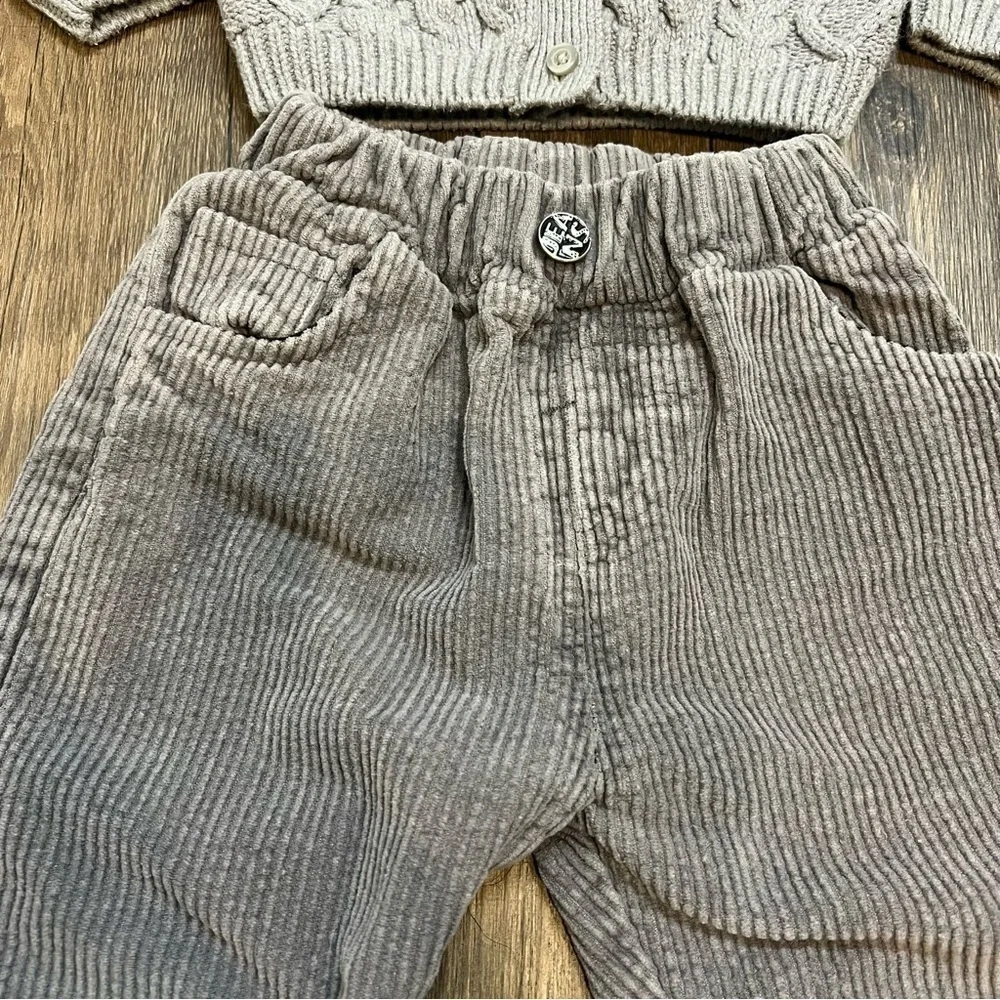 Kids Button Down Gray Knitted Cardigan and Corduroy Pants Size 18-24 Months